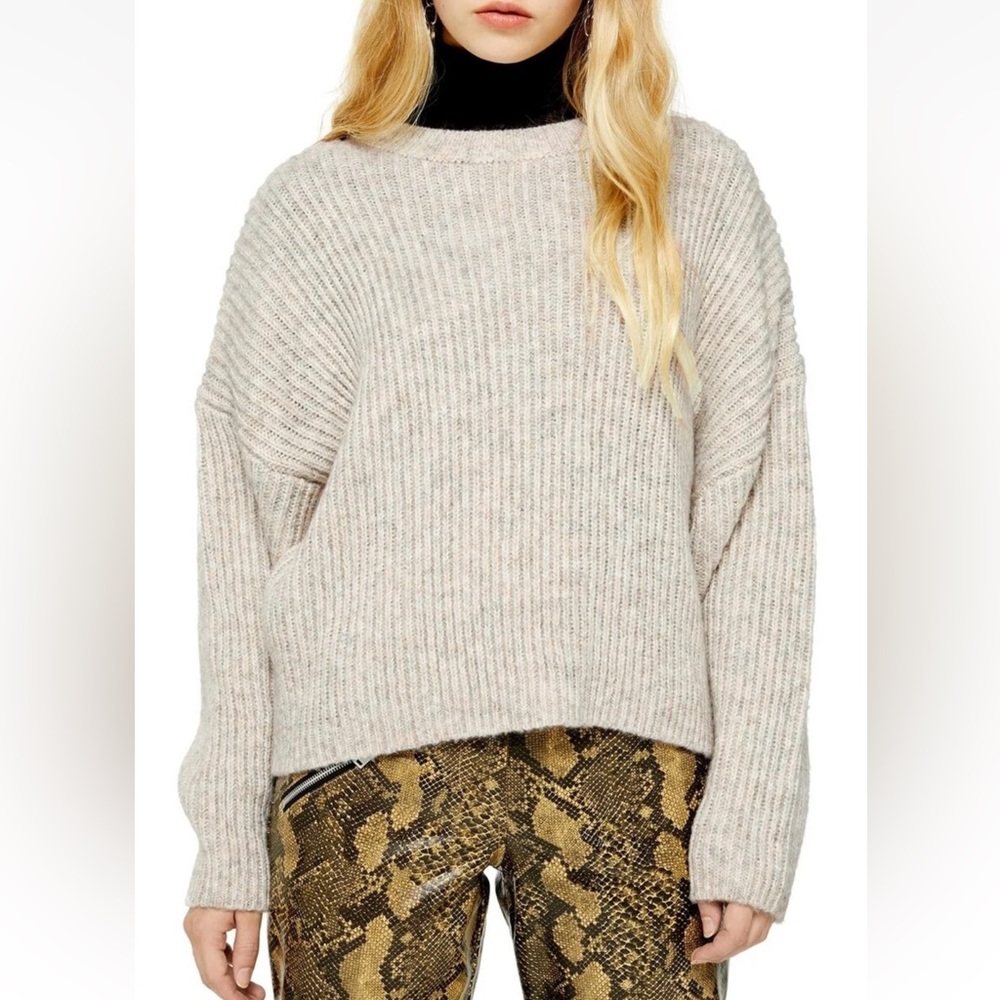 Topshop ribbed knit long sleeves crewneck sweater Light Heather Gray Oat XS Cozy